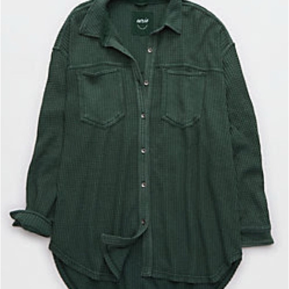 Aerie Anytime Fave Waffle Oversized Button Up Shirt XS
